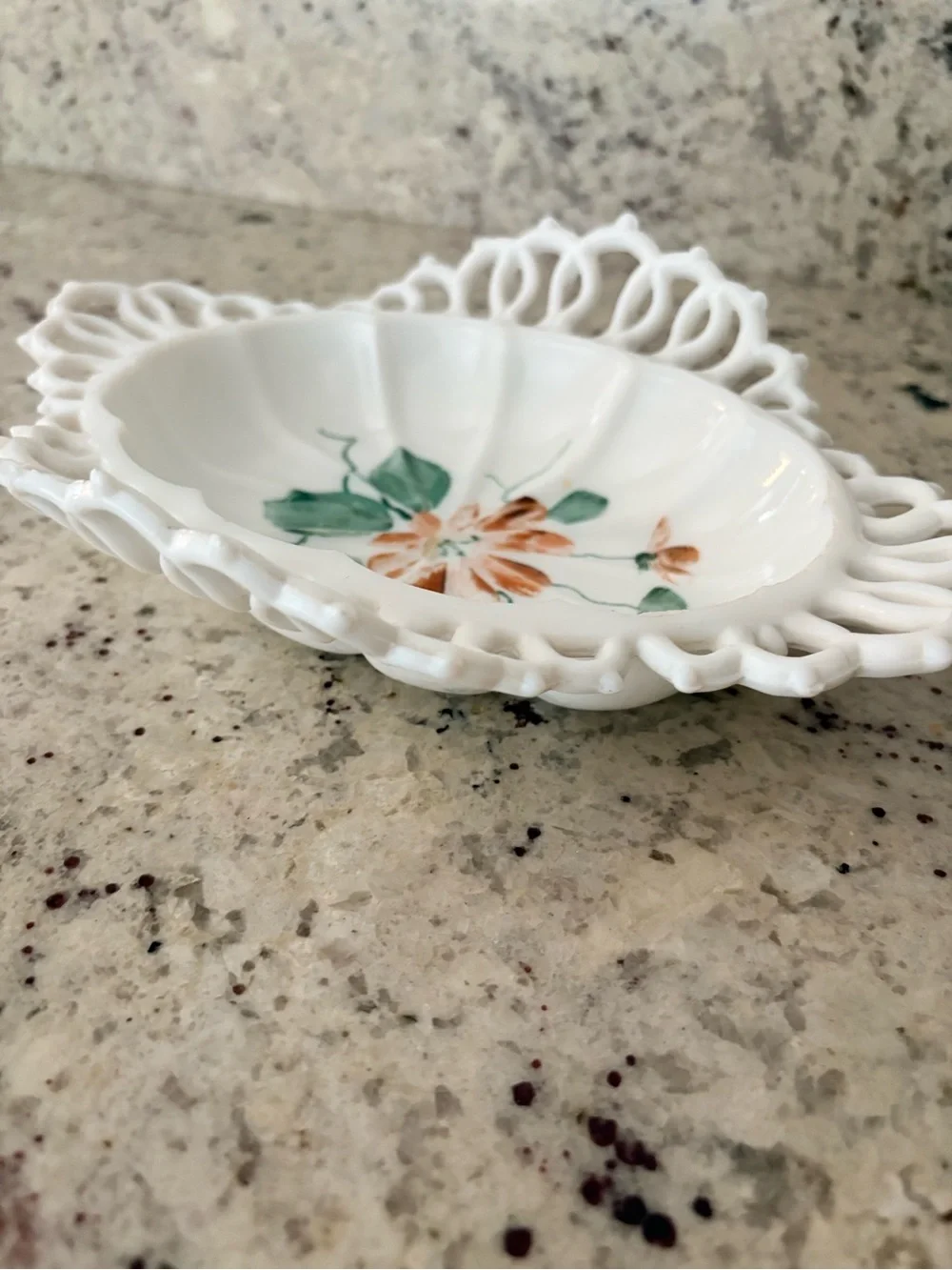 Antique EAPG Milk Glass Floral Openwork Bowl - White,Orange & Green